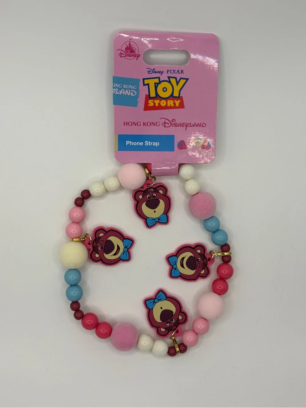 HK Disneyland Toy Story Pink Lotso Bear Phone Strap - Pink/Blue Beaded Charm